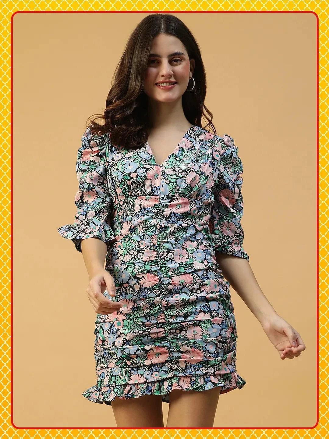 Multicolor Floral Print Chic Blue Gathered & Ruffle Detail Women Dress