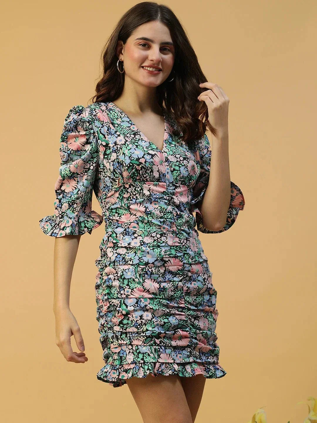 Multicolor Floral Print Chic Blue Gathered & Ruffle Detail Women Dress - oxolloxo