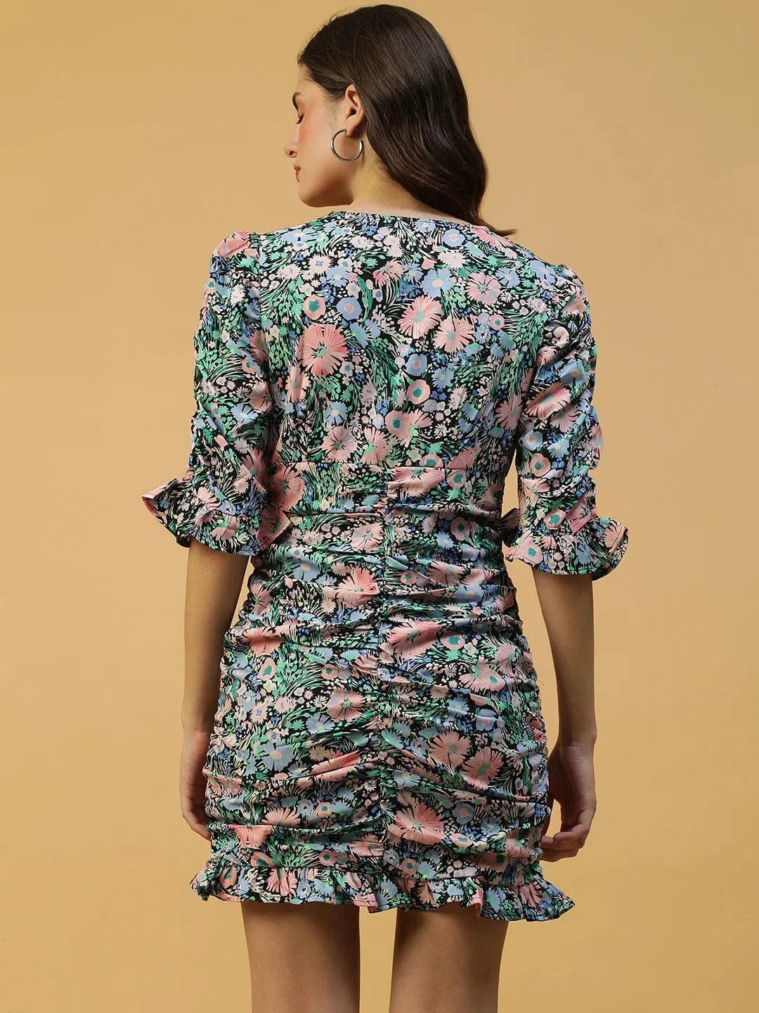 Multicolor Floral Print Chic Blue Gathered & Ruffle Detail Women Dress - oxolloxo