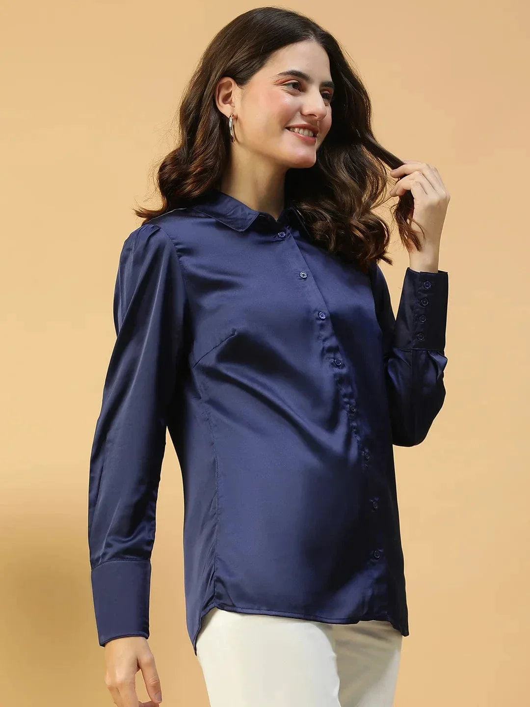 Rich Solid Blue Collared Button Down Long Sleeve Women Satin Shirt - oxolloxo