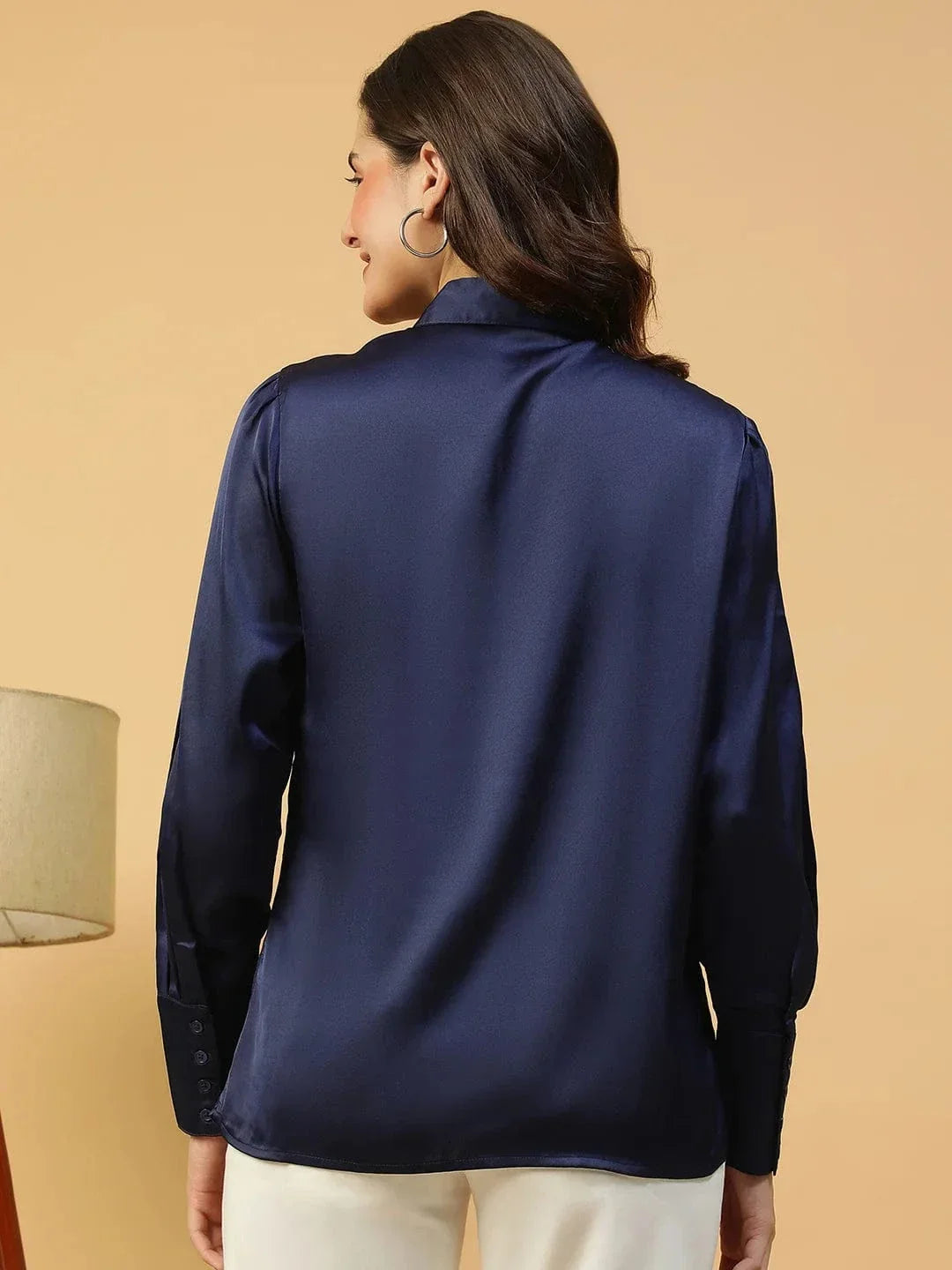 Rich Solid Blue Collared Button Down Long Sleeve Women Satin Shirt - oxolloxo