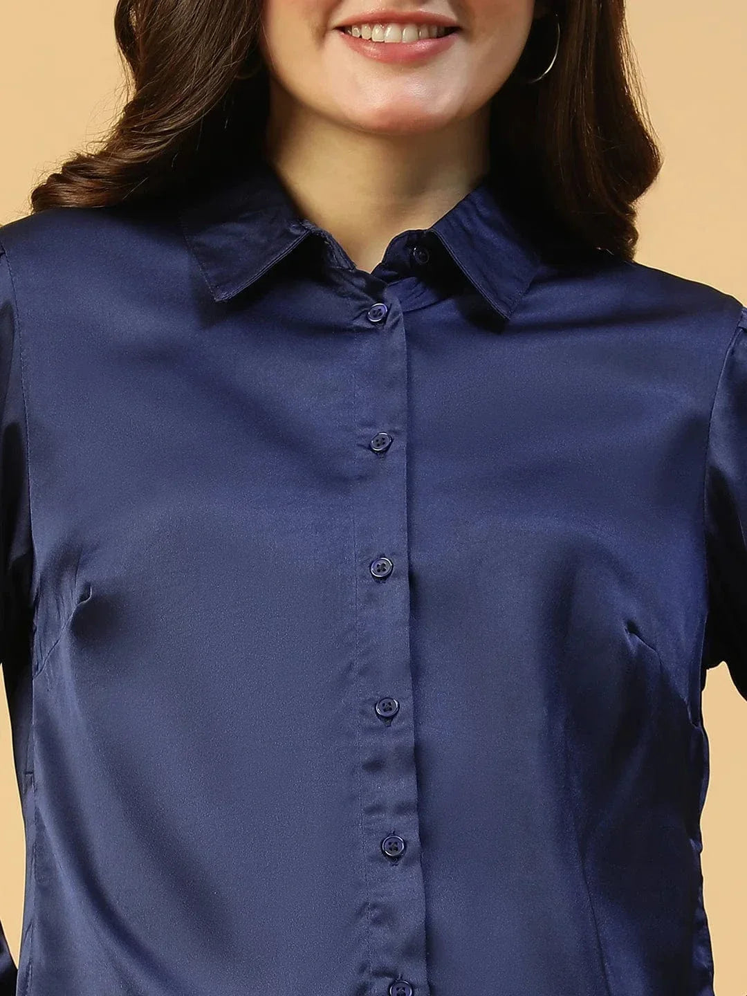 Rich Solid Blue Collared Button Down Long Sleeve Women Satin Shirt - oxolloxo