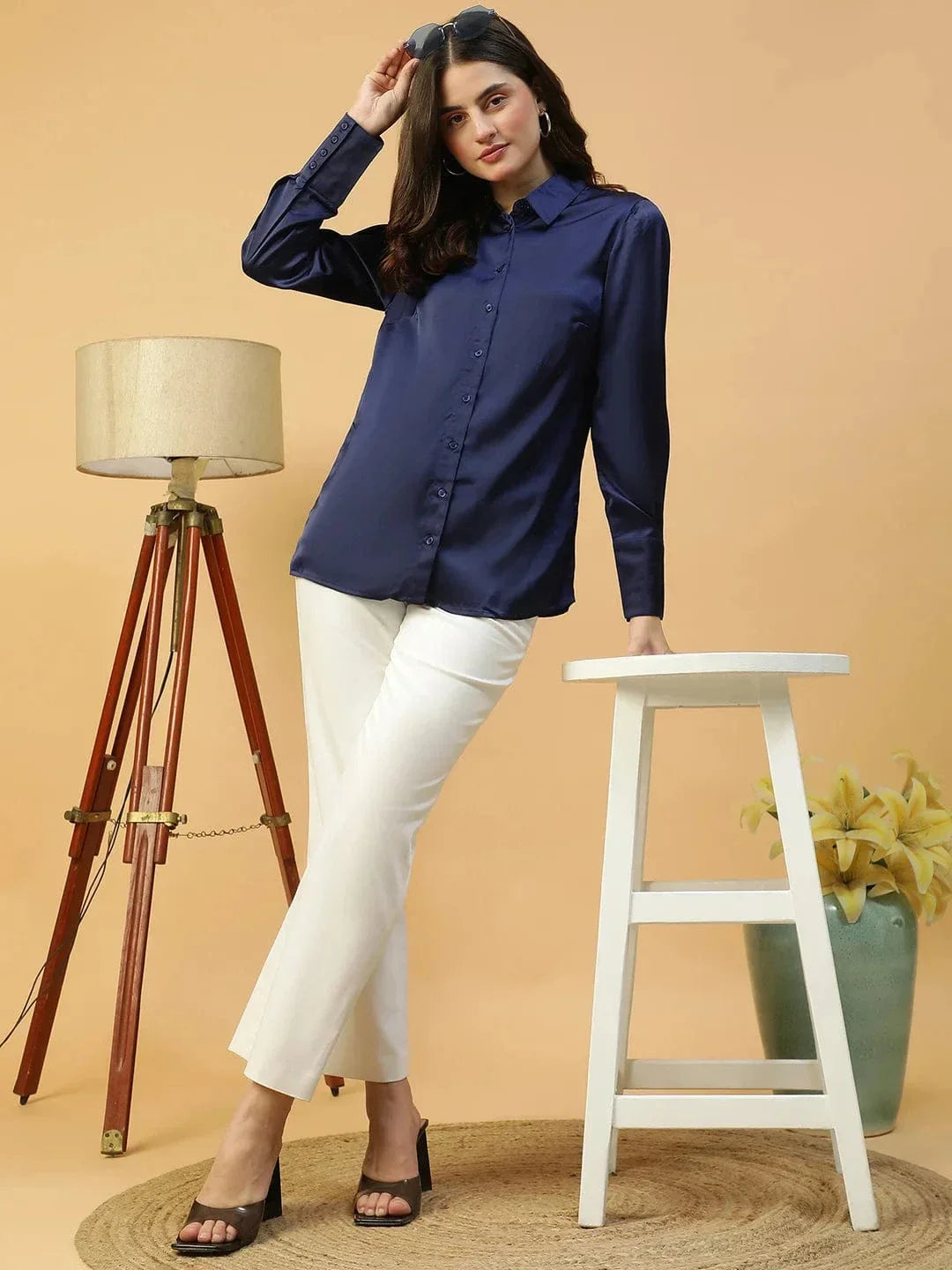 Rich Solid Blue Collared Button Down Long Sleeve Women Satin Shirt - oxolloxo