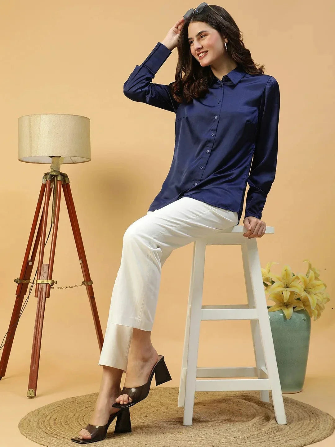 Rich Solid Blue Collared Button Down Long Sleeve Women Satin Shirt - oxolloxo