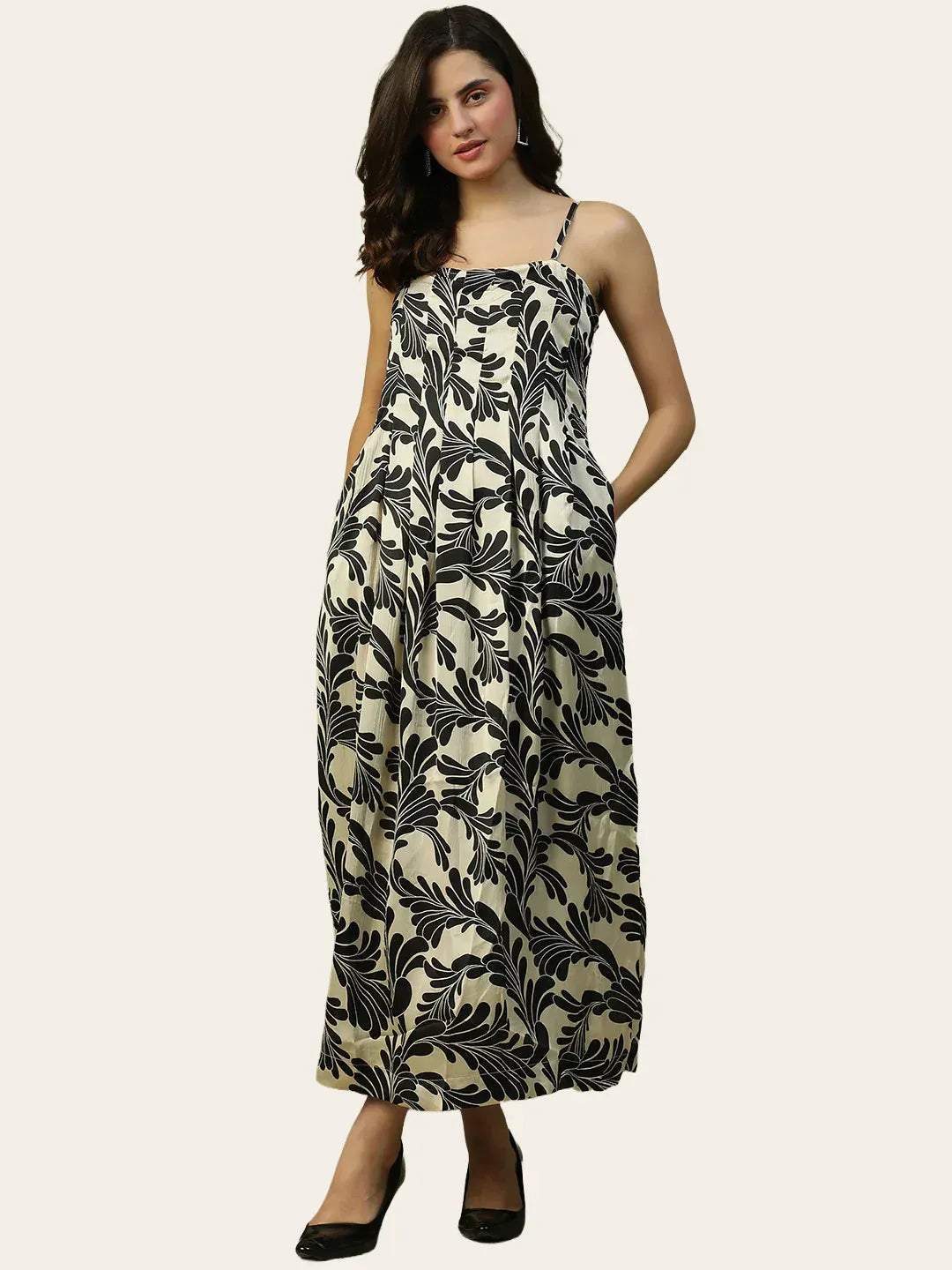Black Floral Print Square Neck Sleeveless Women Long Maxi Dress