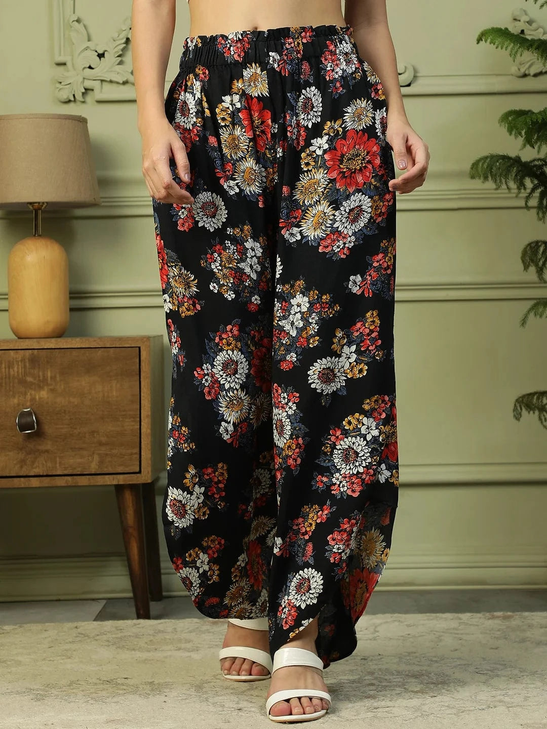 Flazy Black Floral Print Elasticated Flared High Low style Women Long Pant