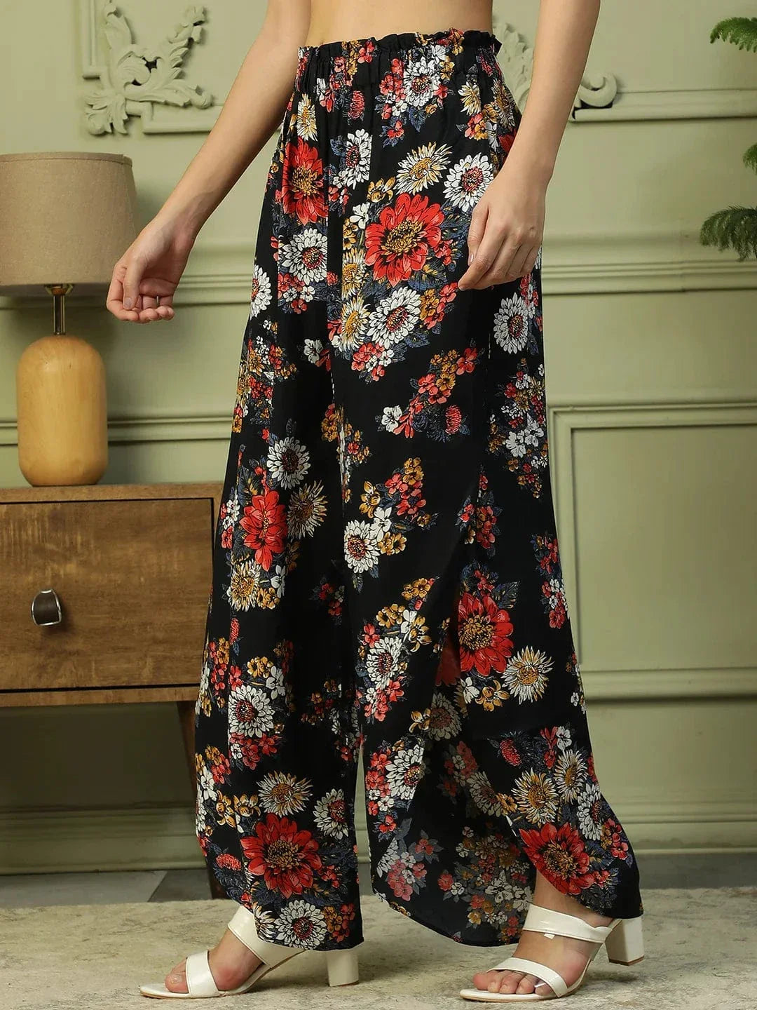 Flazy Black Floral Print Elasticated Flared High Low style Women Long Pant - oxolloxo