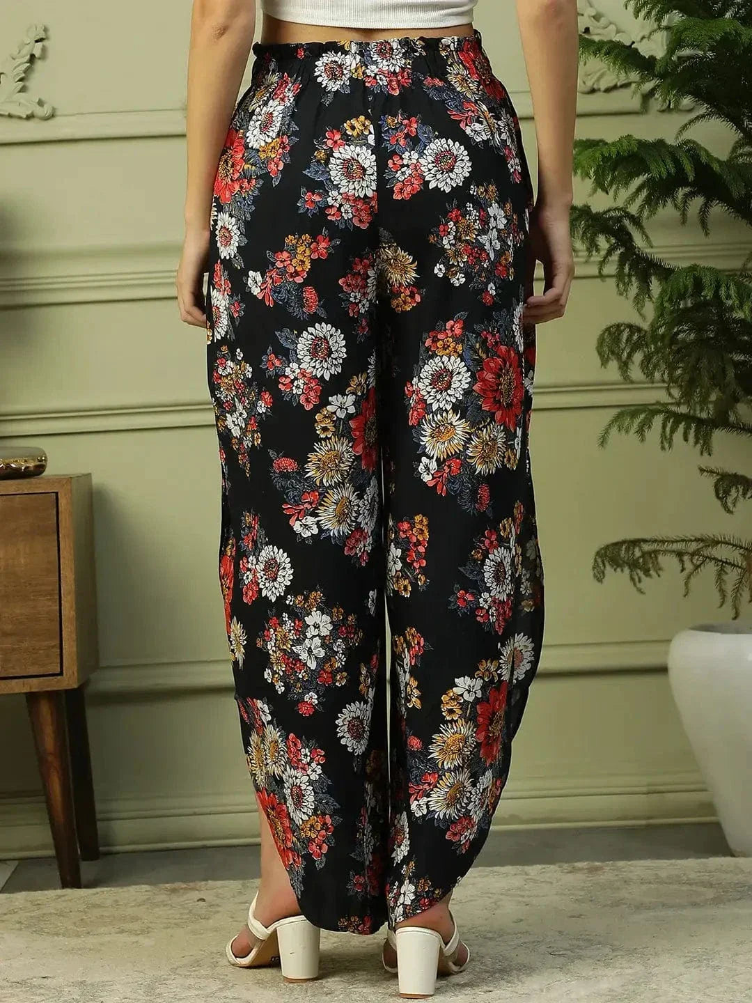 Flazy Black Floral Print Elasticated Flared High Low style Women Long Pant - oxolloxo