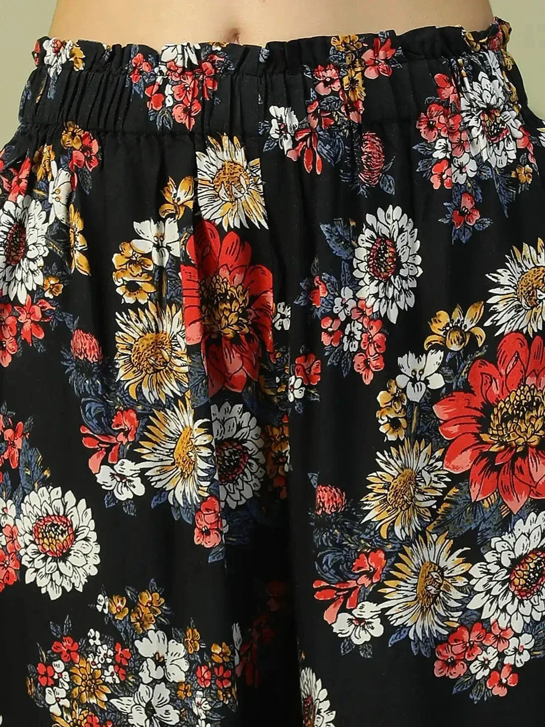 Flazy Black Floral Print Elasticated Flared High Low style Women Long Pant - oxolloxo