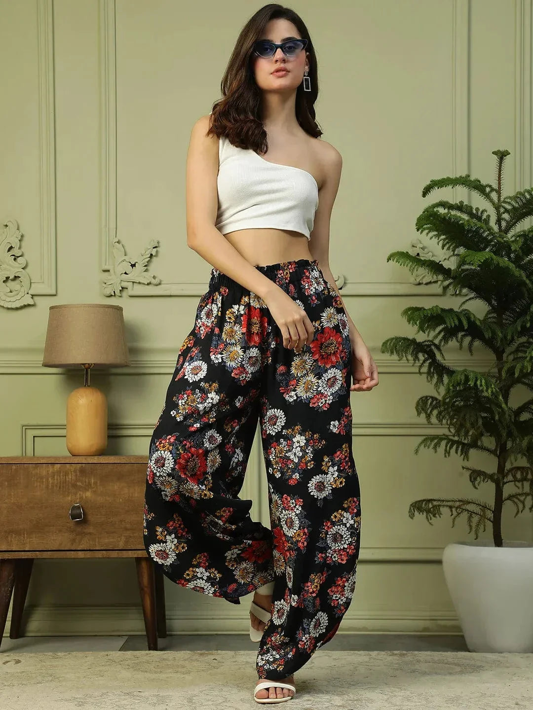 Flazy Black Floral Print Elasticated Flared High Low style Women Long Pant - oxolloxo