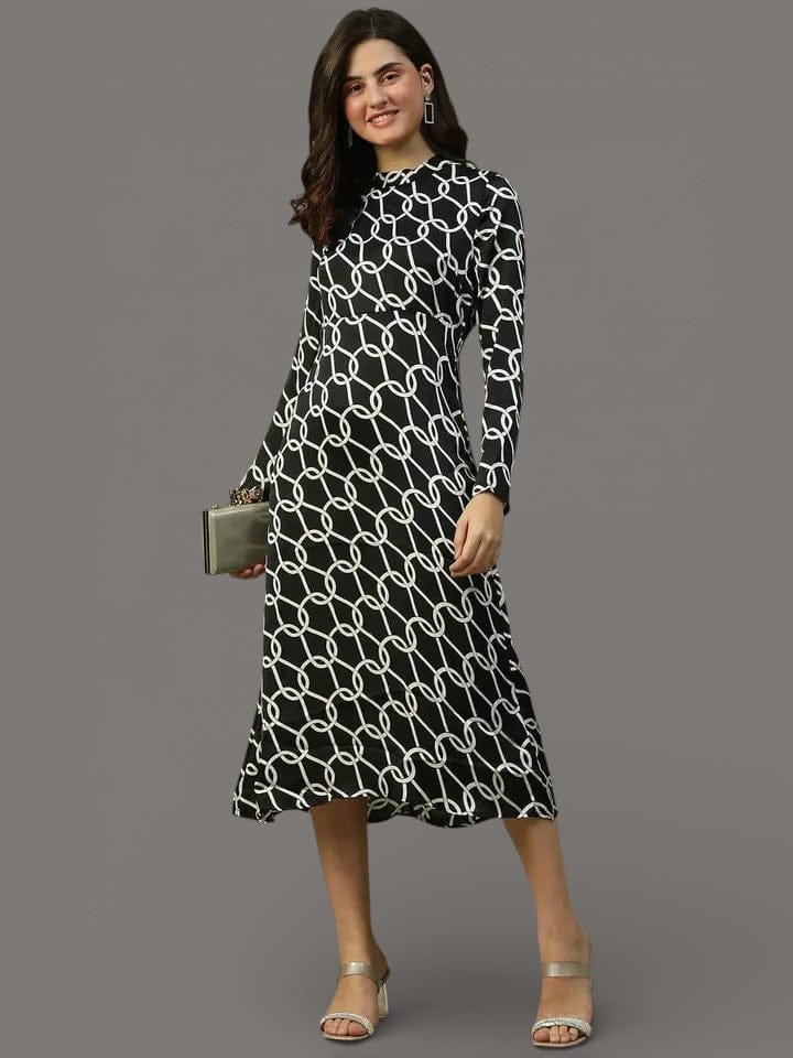 Black Satin Dress - Printed Long Sleeve With Concealed Zip, Below Knee Fit