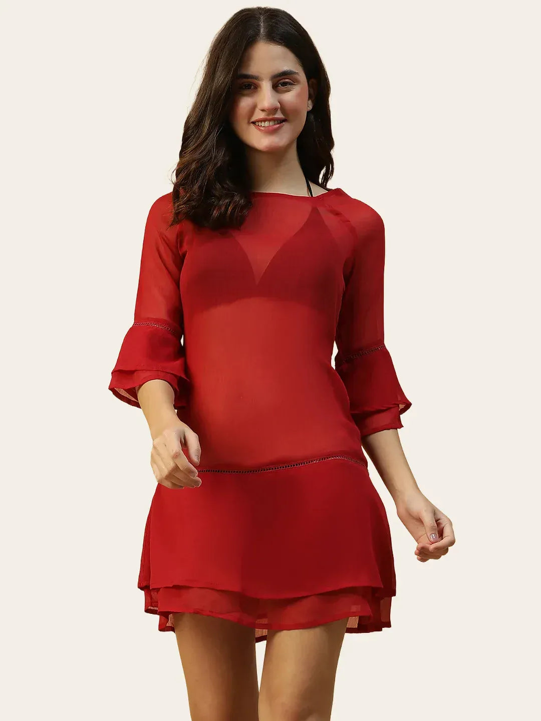 Hot Red Bell Sleeve Beachwear Dress for Women