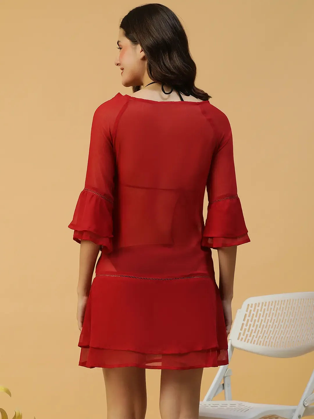 Hot Red Bell Sleeve Beachwear Dress for Women