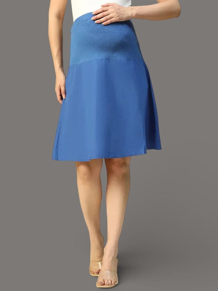 Women Blue Elasticated Knee-Length Maternity Skirt Cotton Comfort