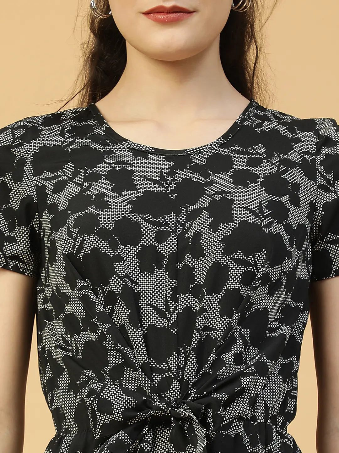 Black Floral Print Short Sleeve Women Dress With Tie-Up Waist  Belt