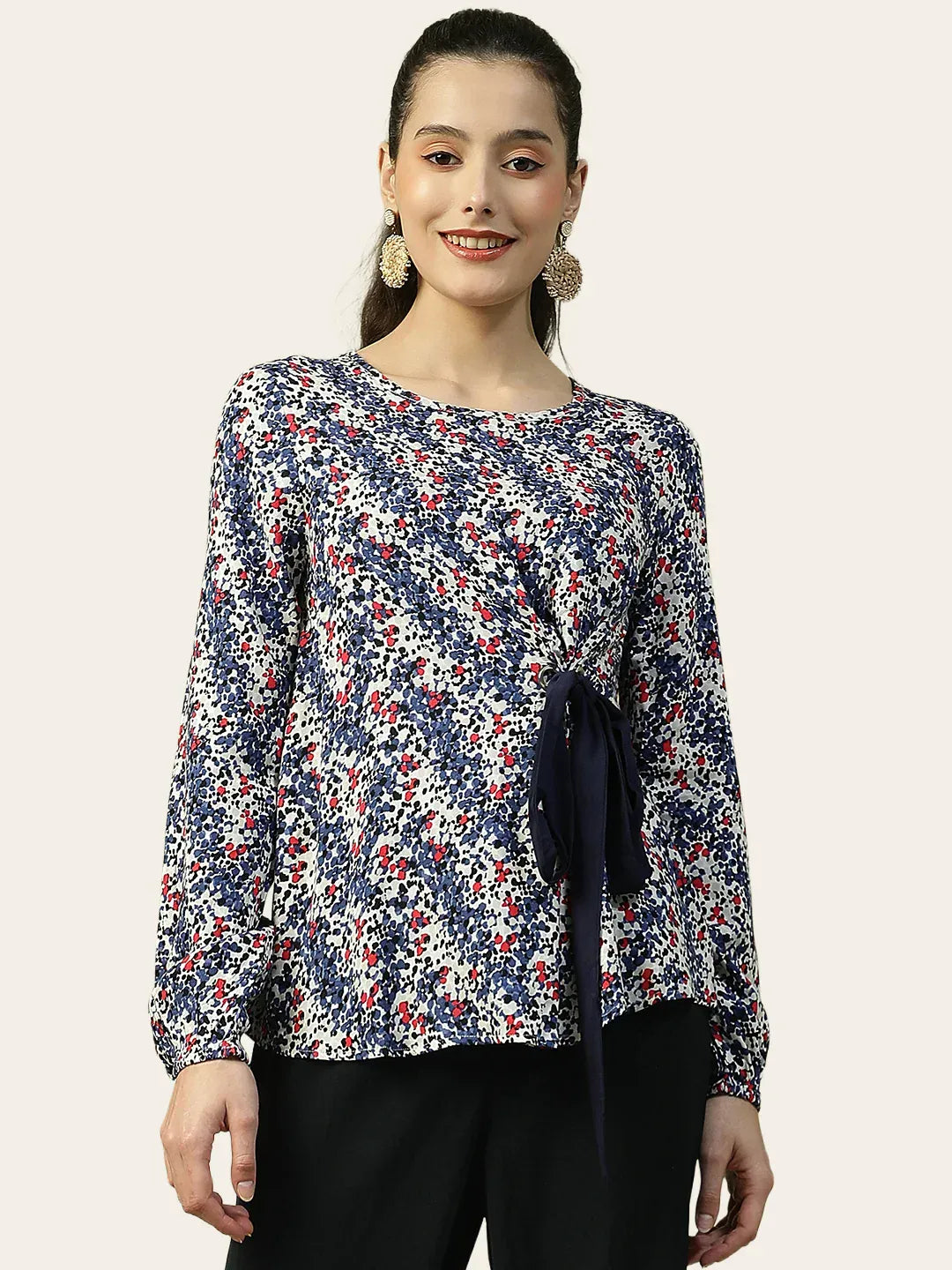 Blue Floral Long Sleeve Women’s Top with Front Tie-Up
