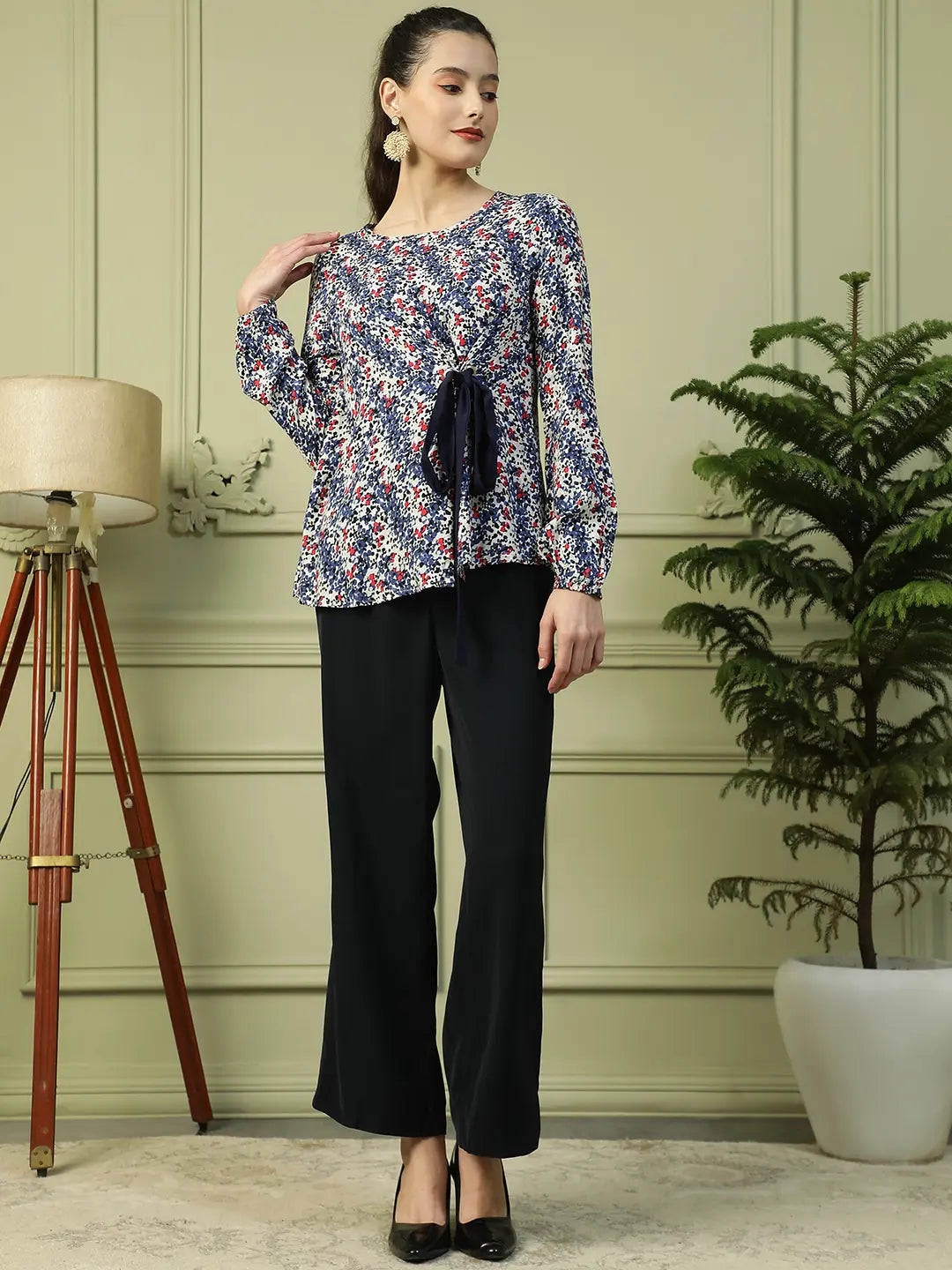 Blue Floral Long Sleeve Women’s Top with Front Tie-Up