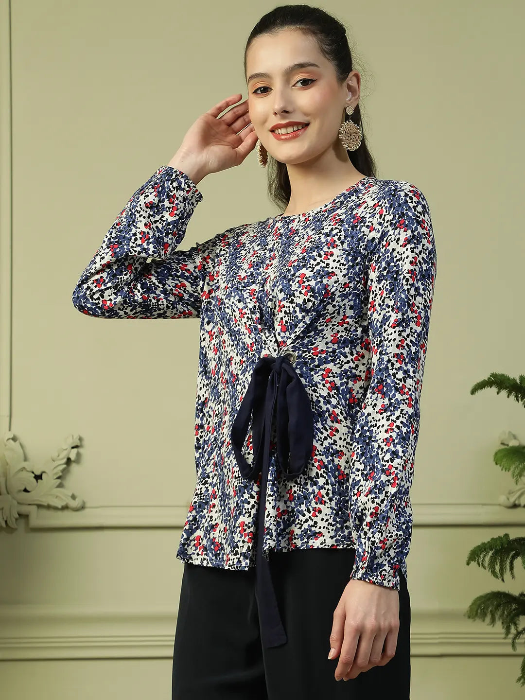 Blue Floral Long Sleeve Women’s Top with Front Tie-Up