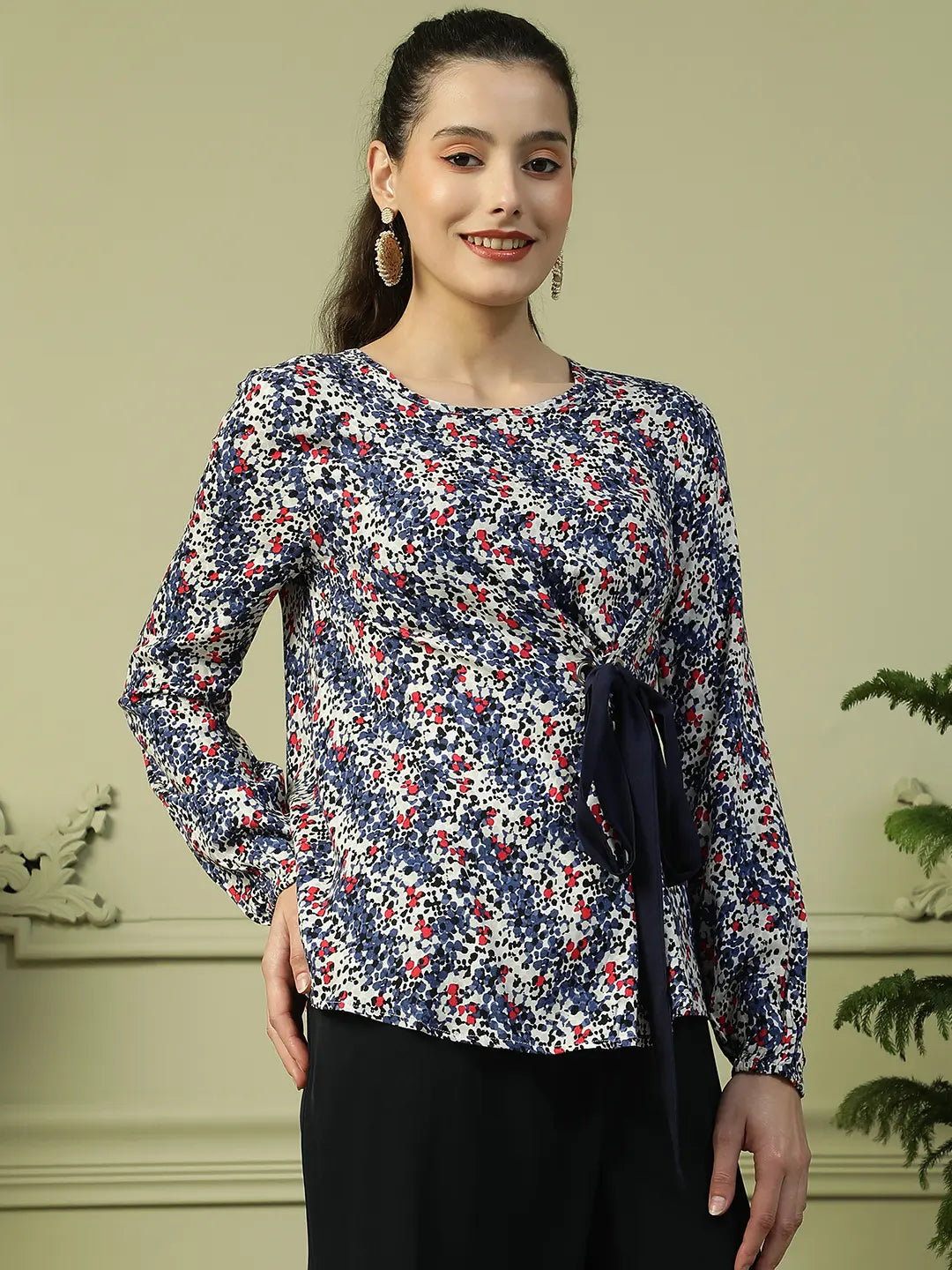 Blue Floral Long Sleeve Women’s Top with Front Tie-Up