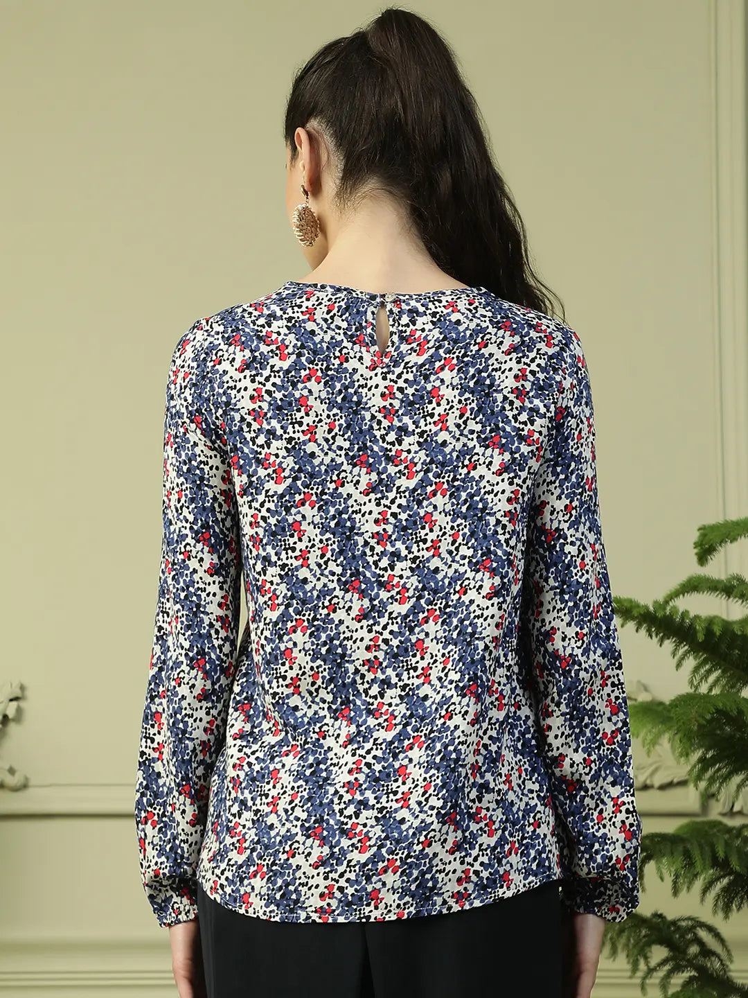 Blue Floral Long Sleeve Women’s Top with Front Tie-Up