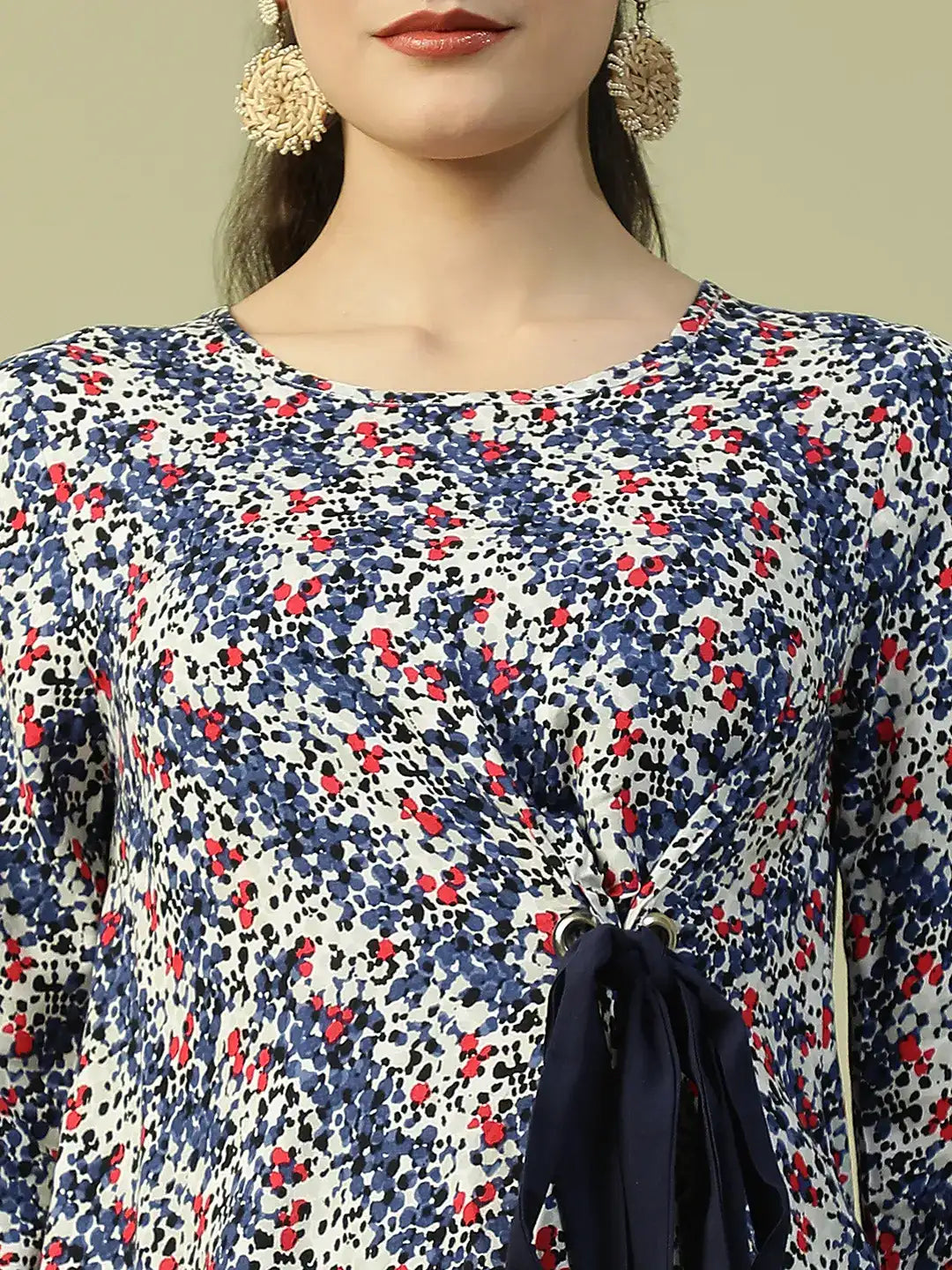 Blue Floral Long Sleeve Women’s Top with Front Tie-Up