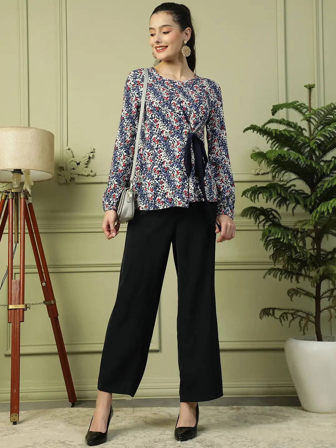 Blue Floral Long Sleeve Women’s Top with Front Tie-Up