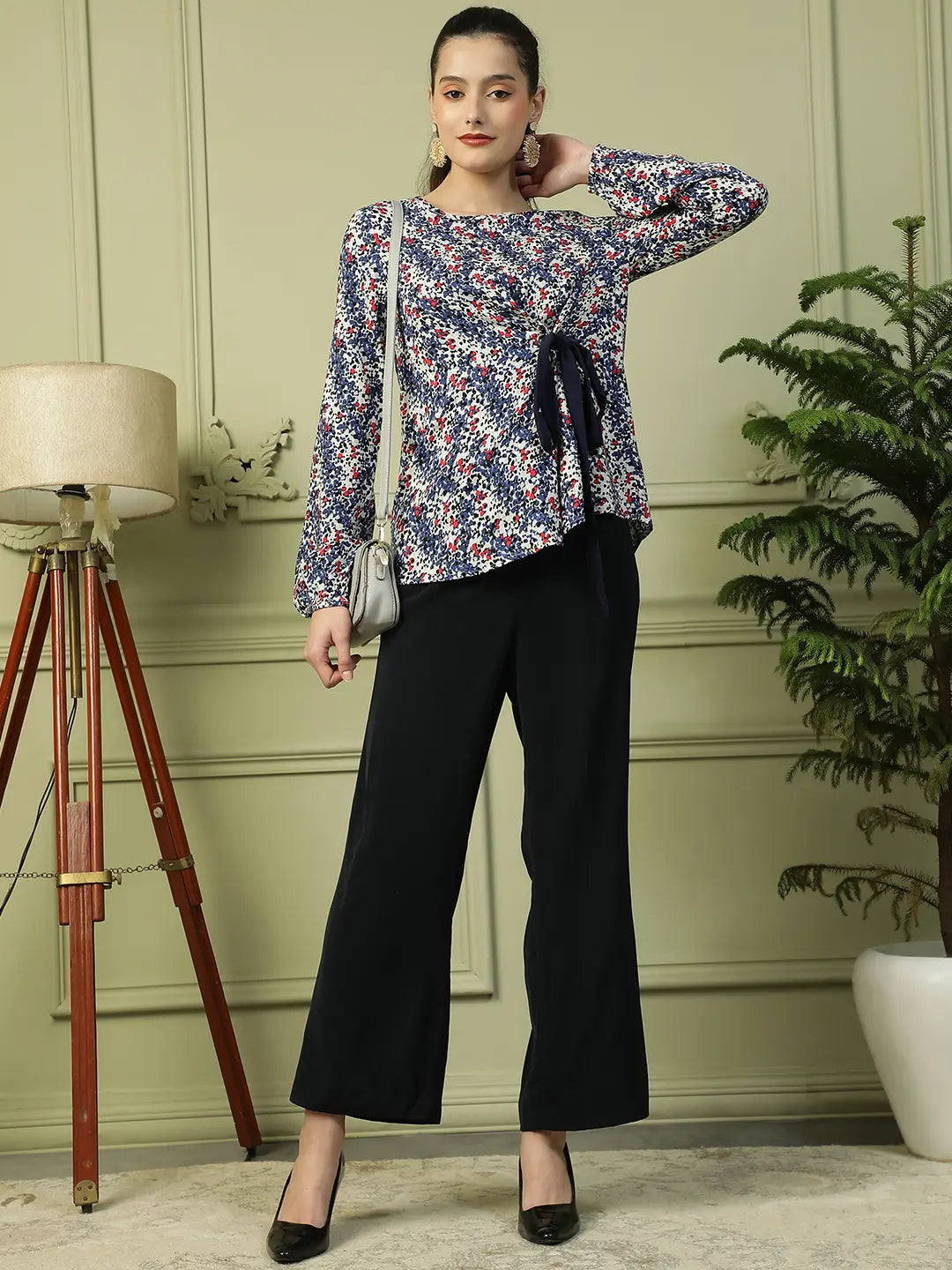 Blue Floral Long Sleeve Women’s Top with Front Tie-Up