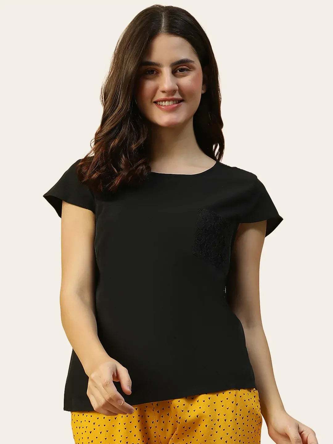 Short Sleeves Black Lace Nightwear Women's Top