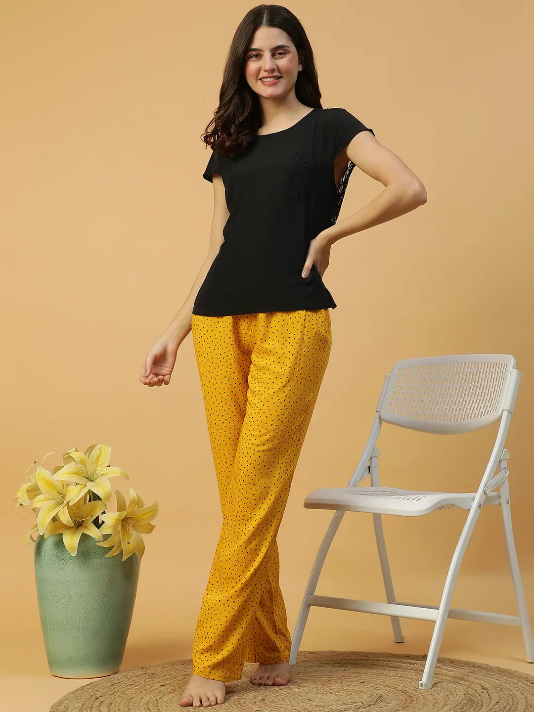 Short Sleeves Black Lace Nightwear Women's Top