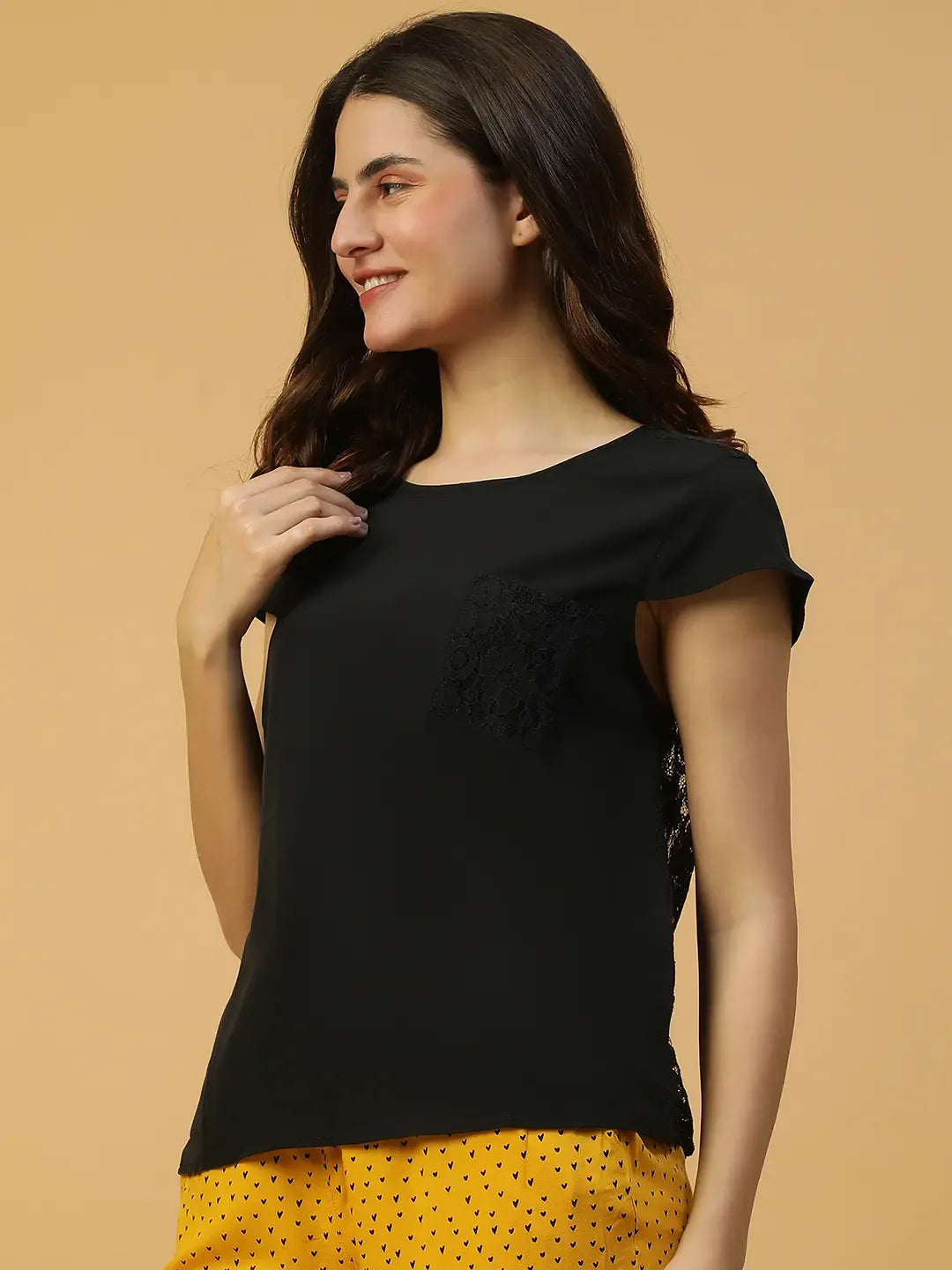 Short Sleeves Black Lace Nightwear Women's Top