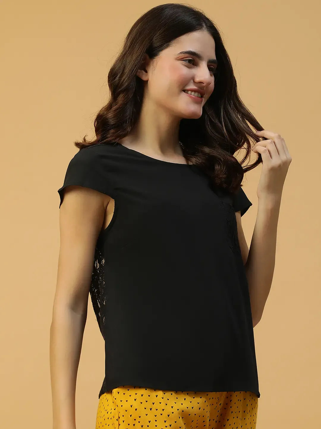 Short Sleeves Black Lace Nightwear Women's Top