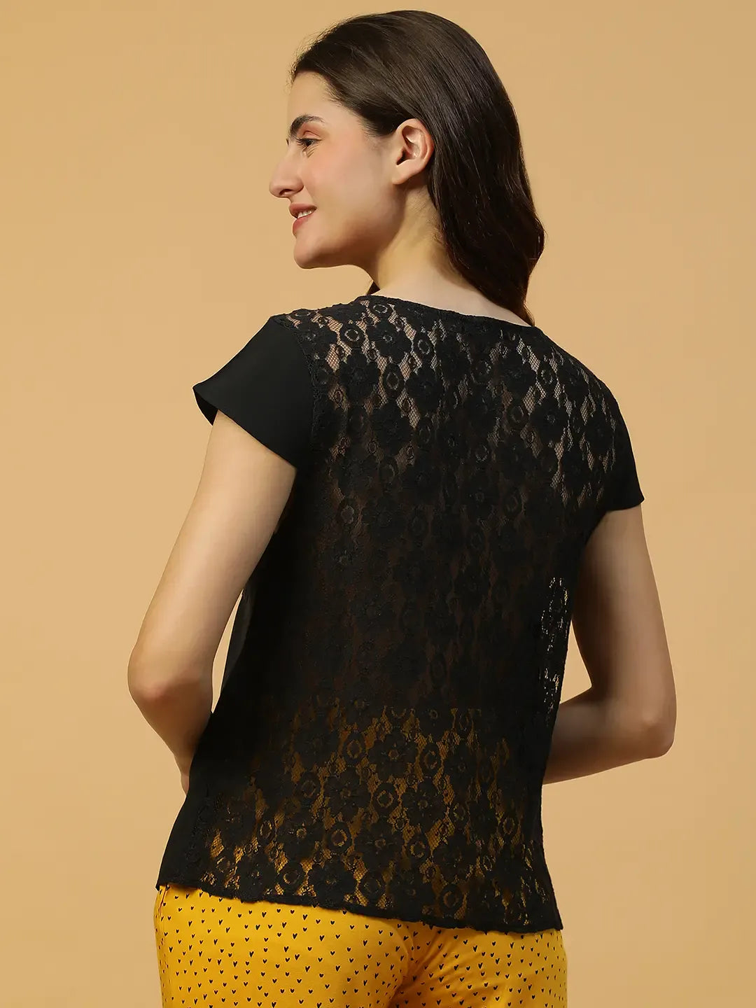 Short Sleeves Black Lace Nightwear Women's Top