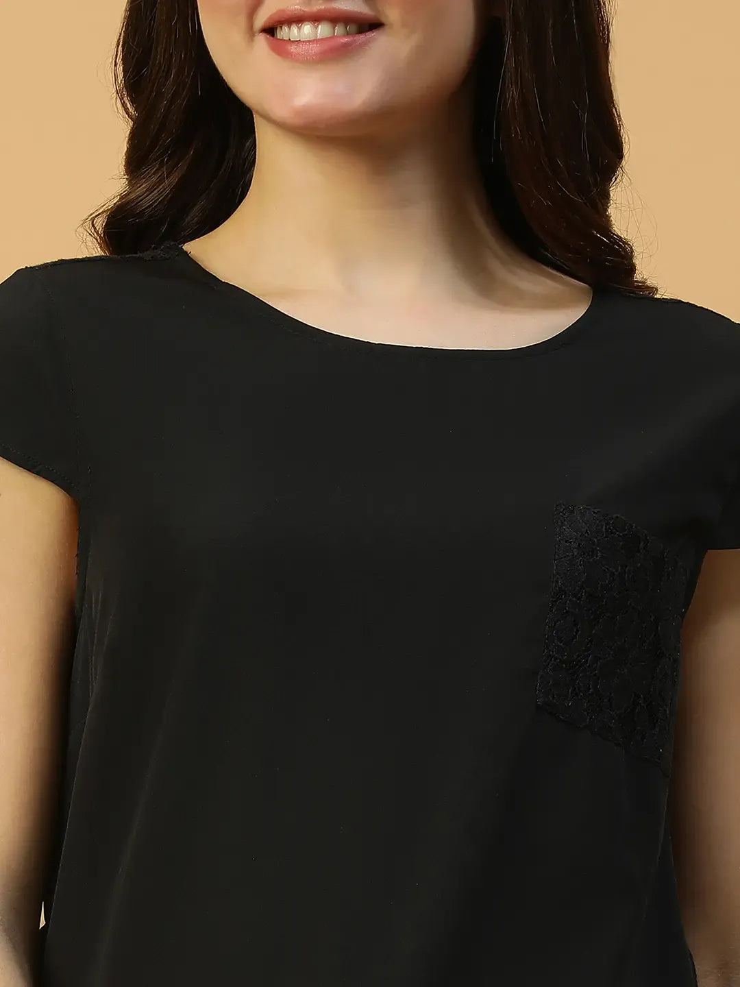 Short Sleeves Black Lace Nightwear Women's Top