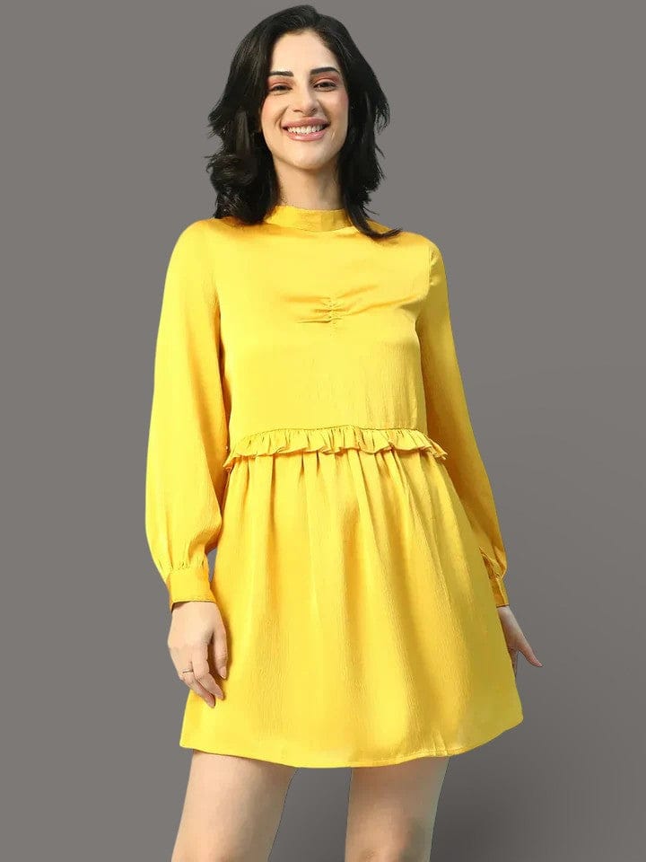Yellow Long Sleeve Ruffle Detail Women Dress
