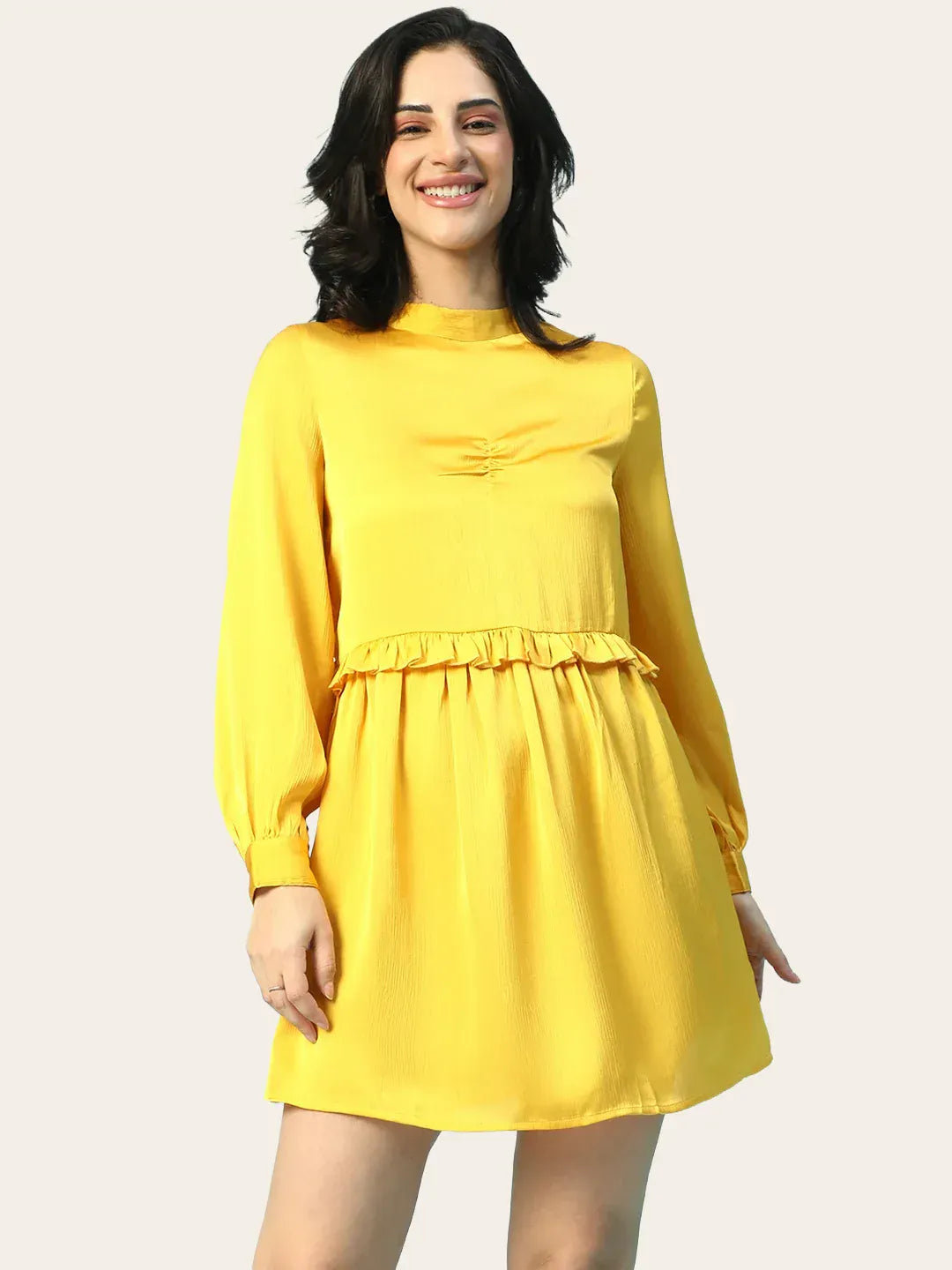 Yellow Long Sleeve Ruffle Detail Women Dress