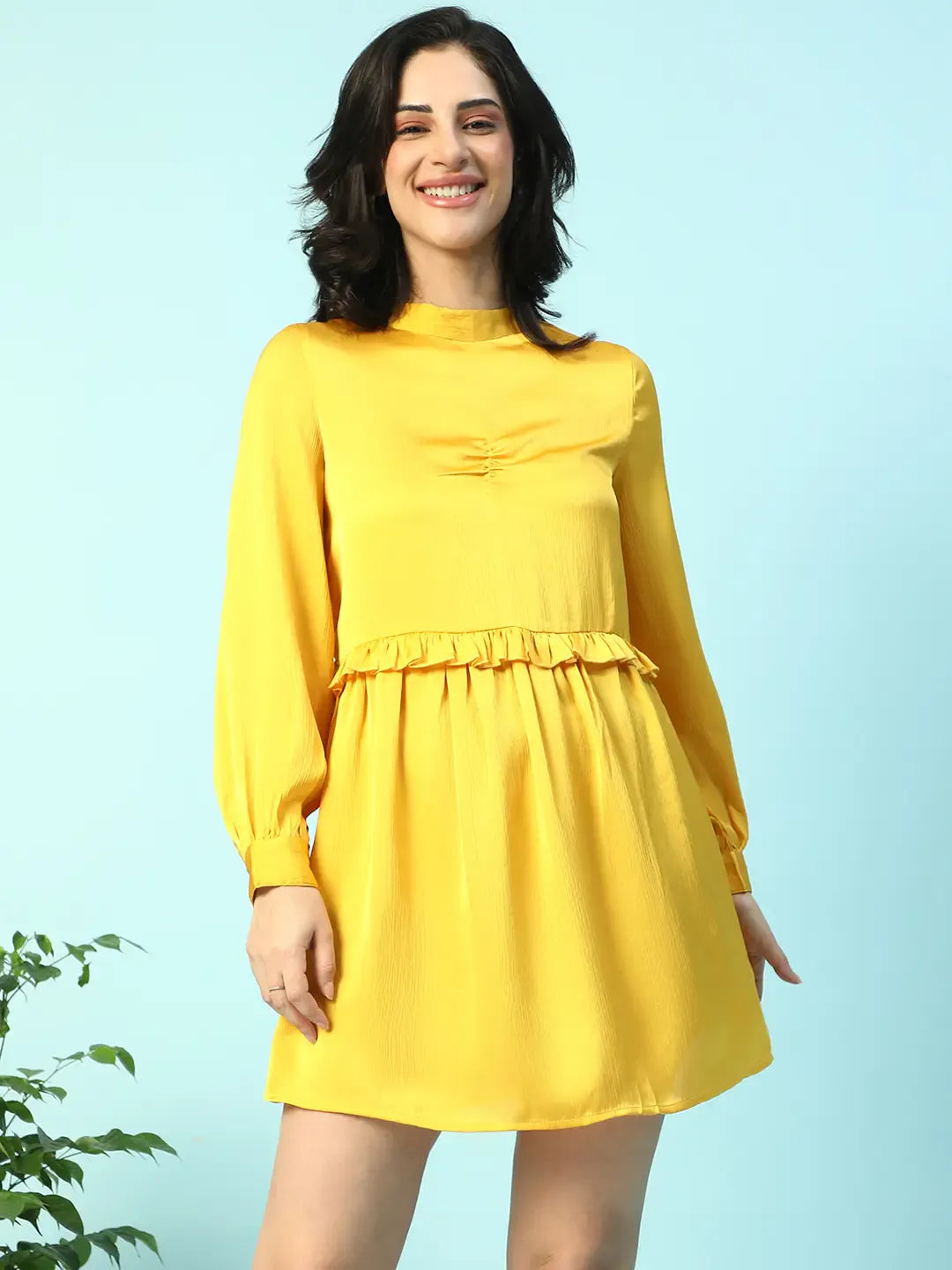 Yellow Long Sleeve Ruffle Detail Women Dress