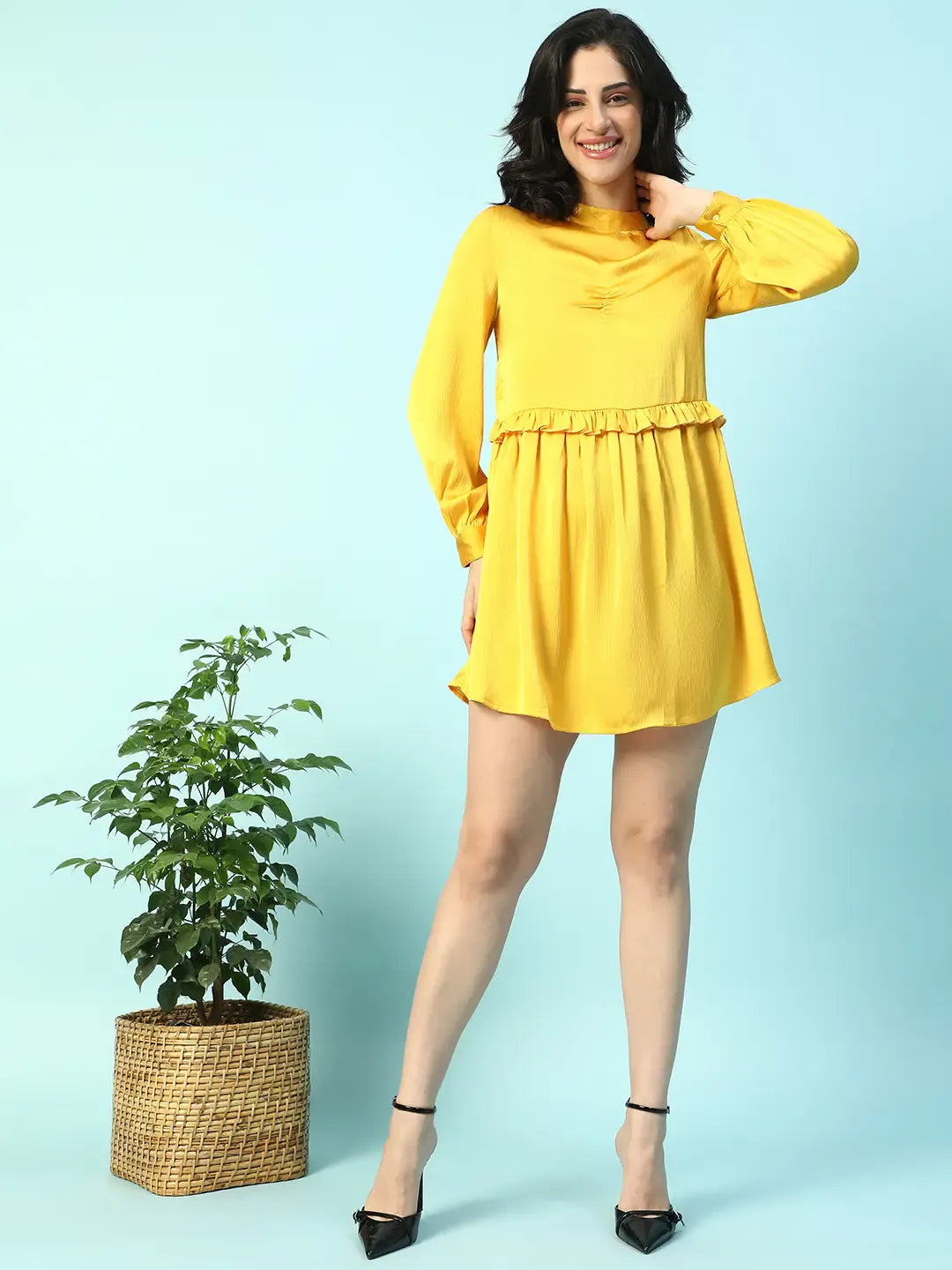 Yellow Long Sleeve Ruffle Detail Women Dress