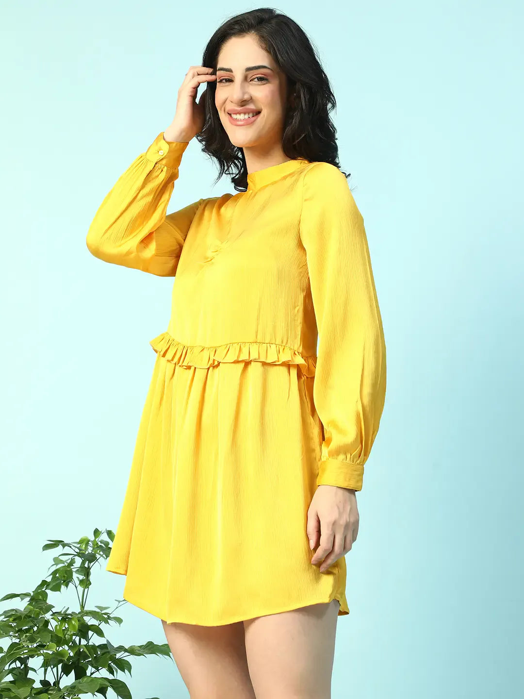 Yellow Long Sleeve Ruffle Detail Women Dress