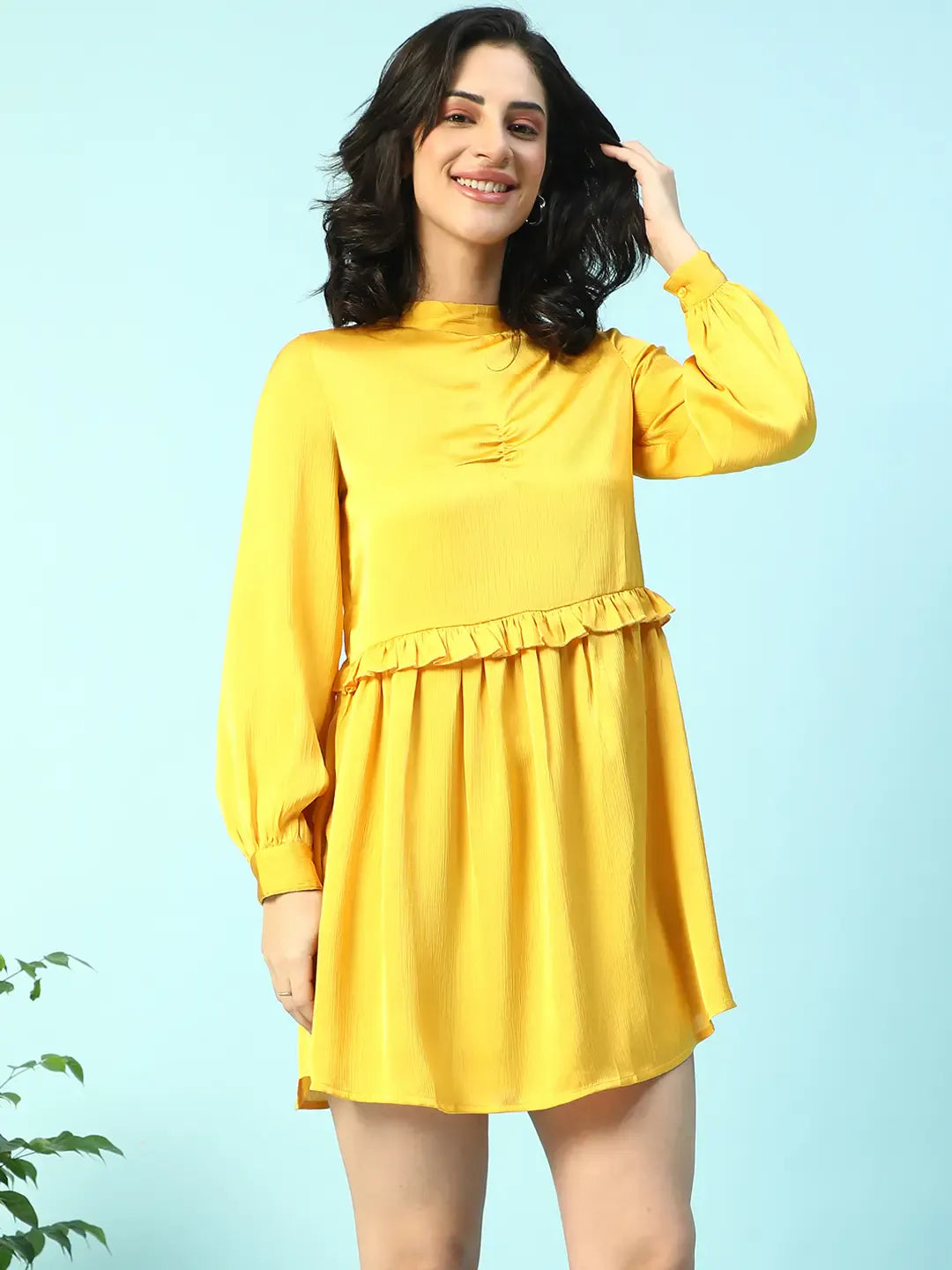 Yellow Long Sleeve Ruffle Detail Women Dress