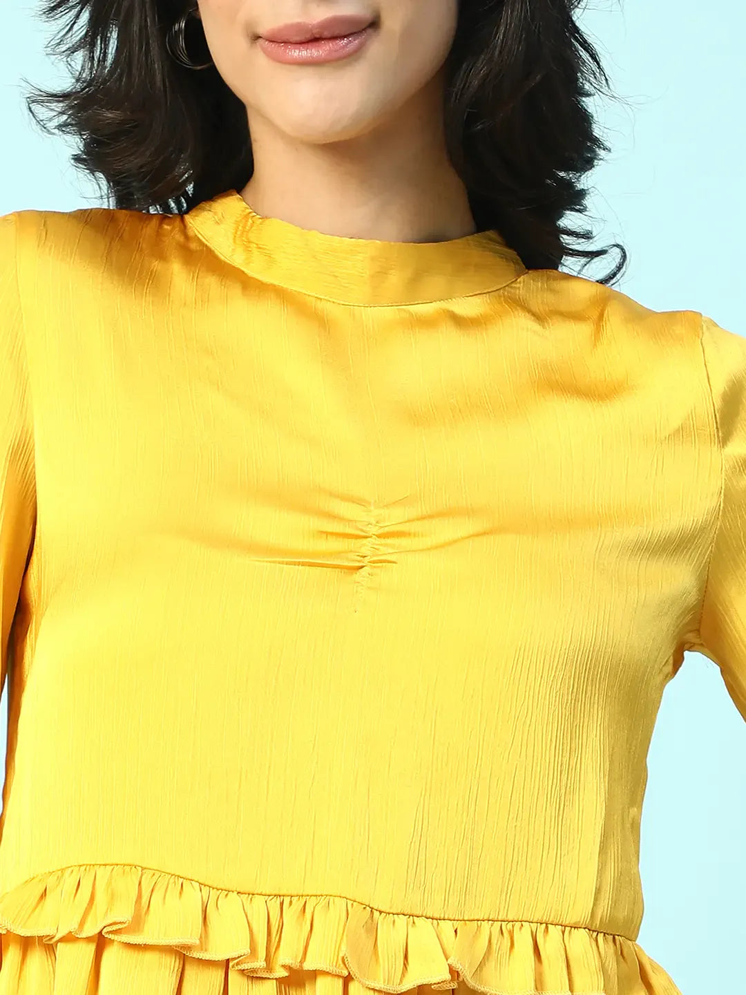 Yellow Long Sleeve Ruffle Detail Women Dress