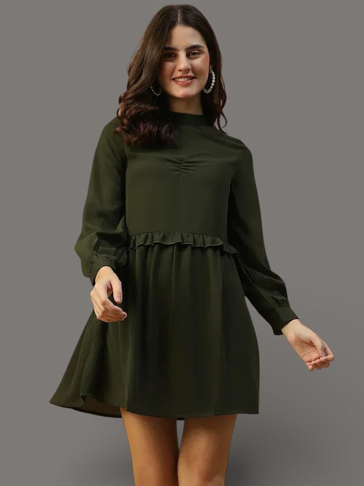 Khaki Long Sleeve Ruffle Detail Party Dress
