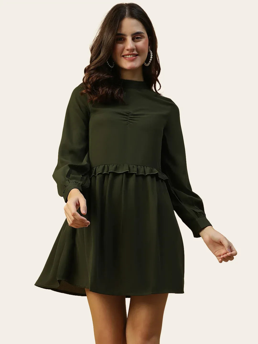 Khaki Long Sleeve Ruffle Detail Party Dress