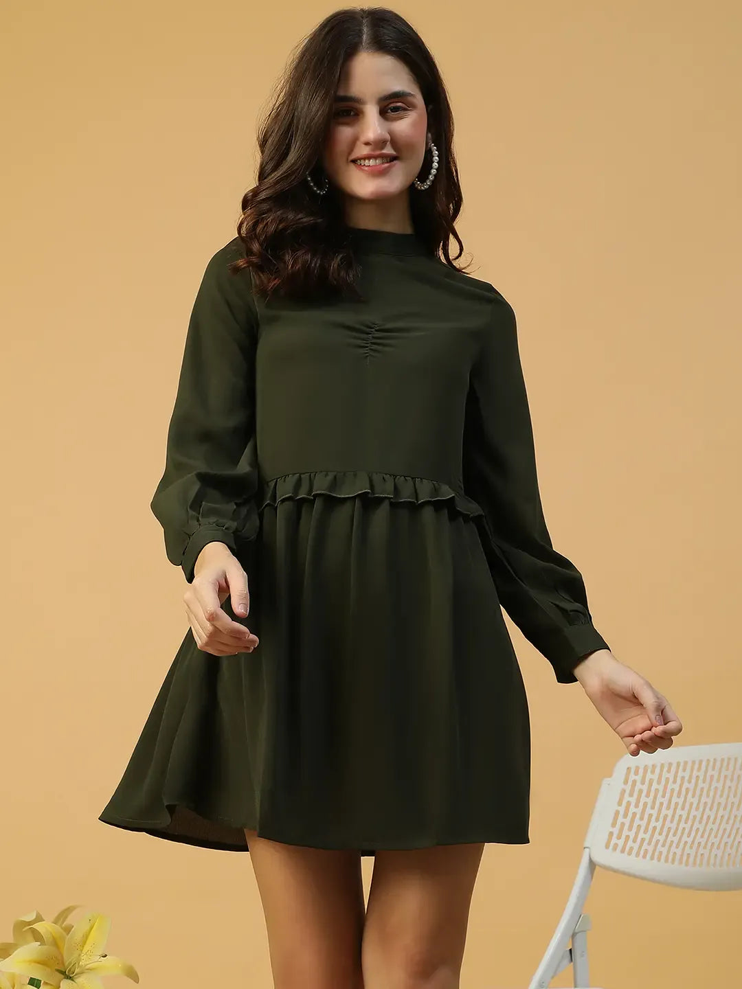 Khaki Long Sleeve Ruffle Detail Party Dress