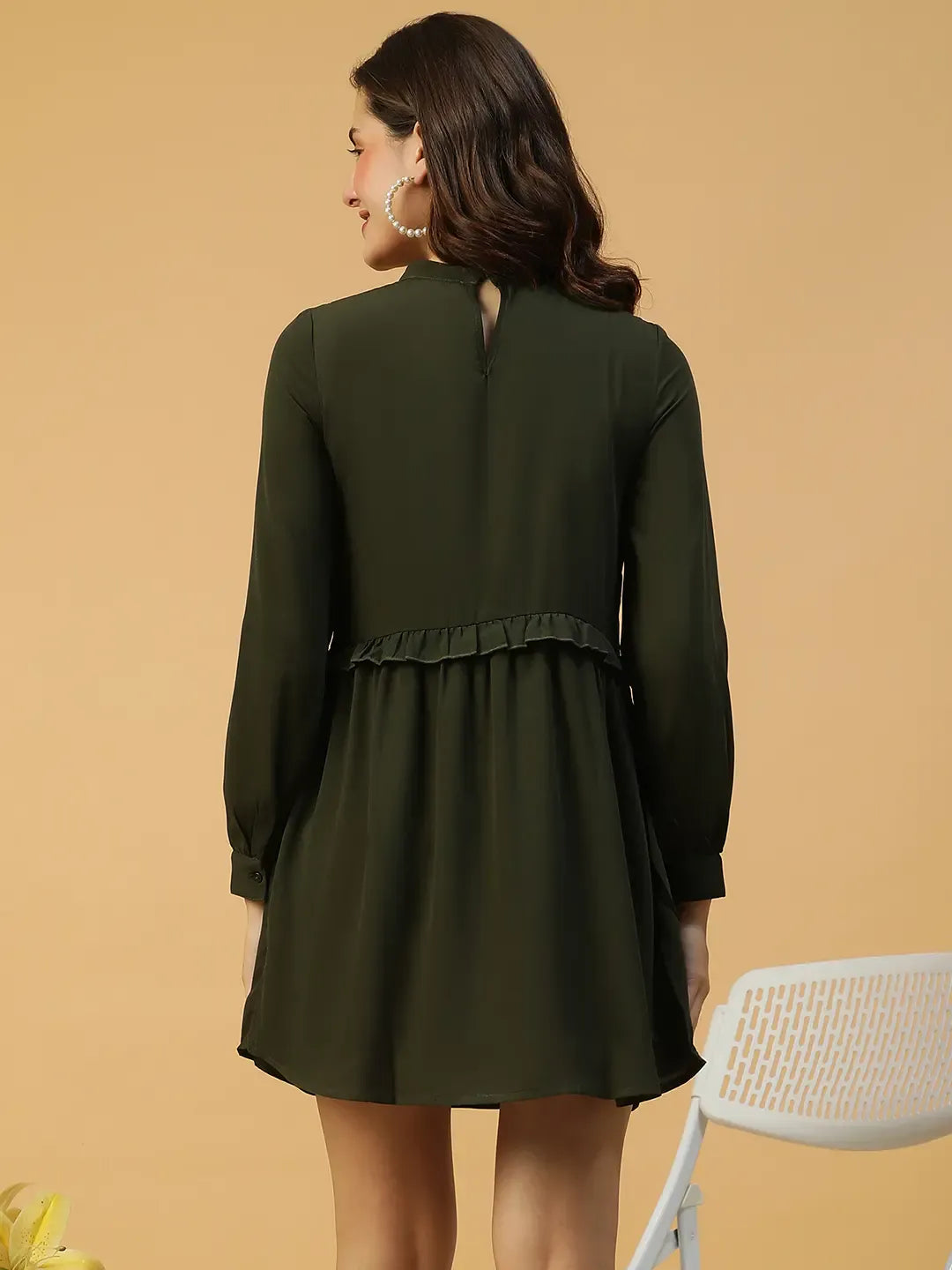 Khaki Long Sleeve Ruffle Detail Party Dress