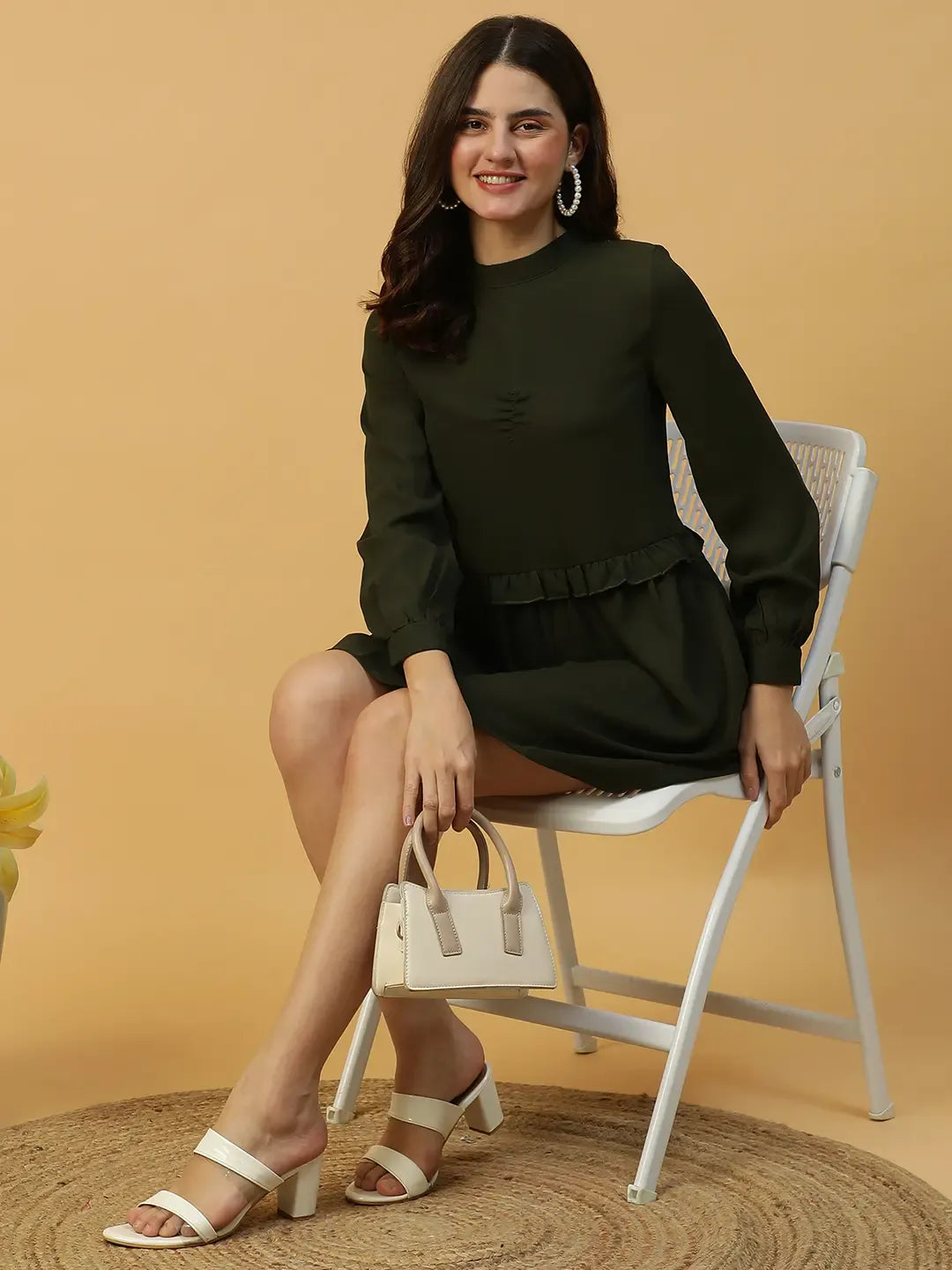 Khaki Long Sleeve Ruffle Detail Party Dress