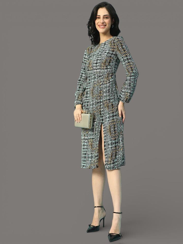 Multicolor Long sleeve Printed Women Dress with Slit Cut