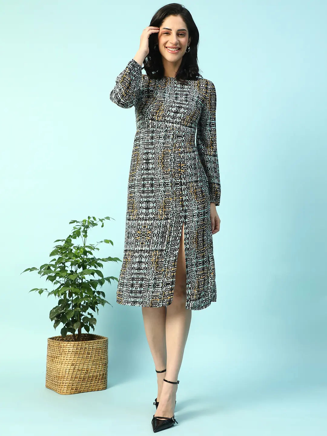 Multicolor Long sleeve Printed Women Dress with Slit Cut