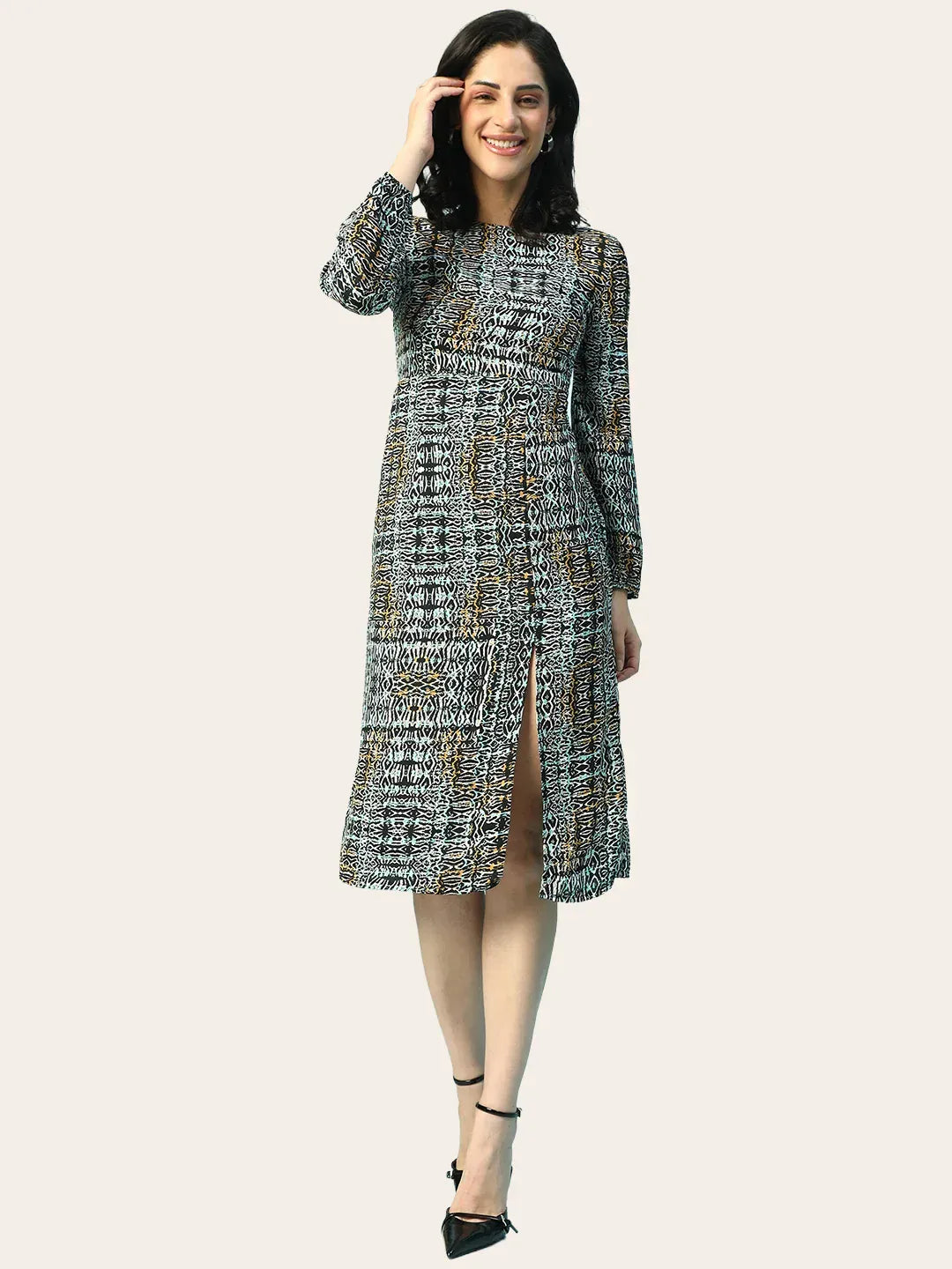 Multicolor Long sleeve Printed Women Dress with Slit Cut
