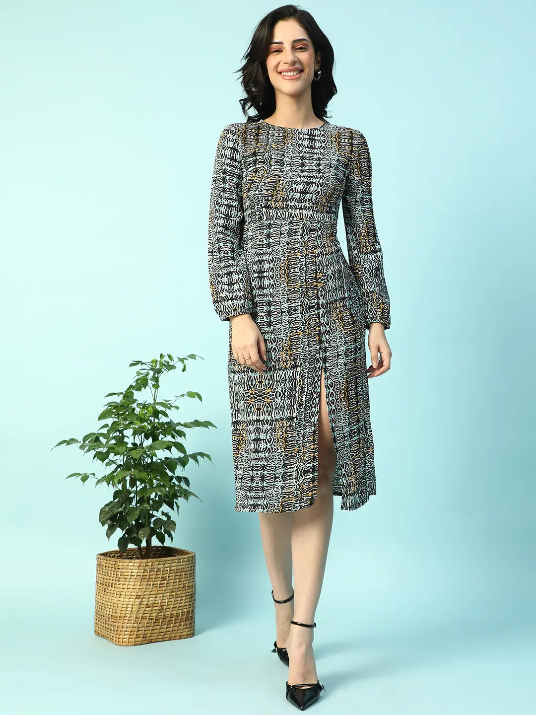 Multicolor Long sleeve Printed Women Dress with Slit Cut