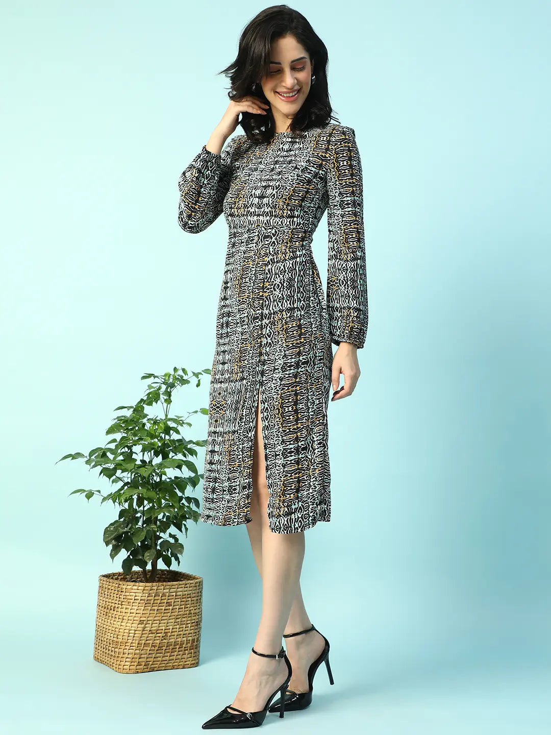 Multicolor Long sleeve Printed Women Dress with Slit Cut